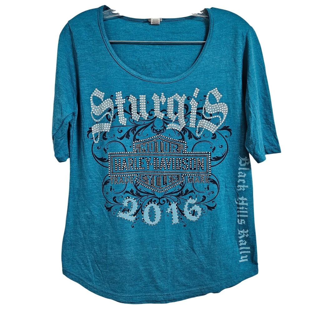 Harley-Davidson Sturgis 2016 Black Hills Rally Rhinestone Teal T-Shirt Womens M